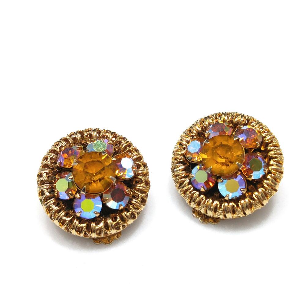 Vintage Topaz Rhinestone Mesh Earrings, Gold Plated, Aurora Borealis, 1950s